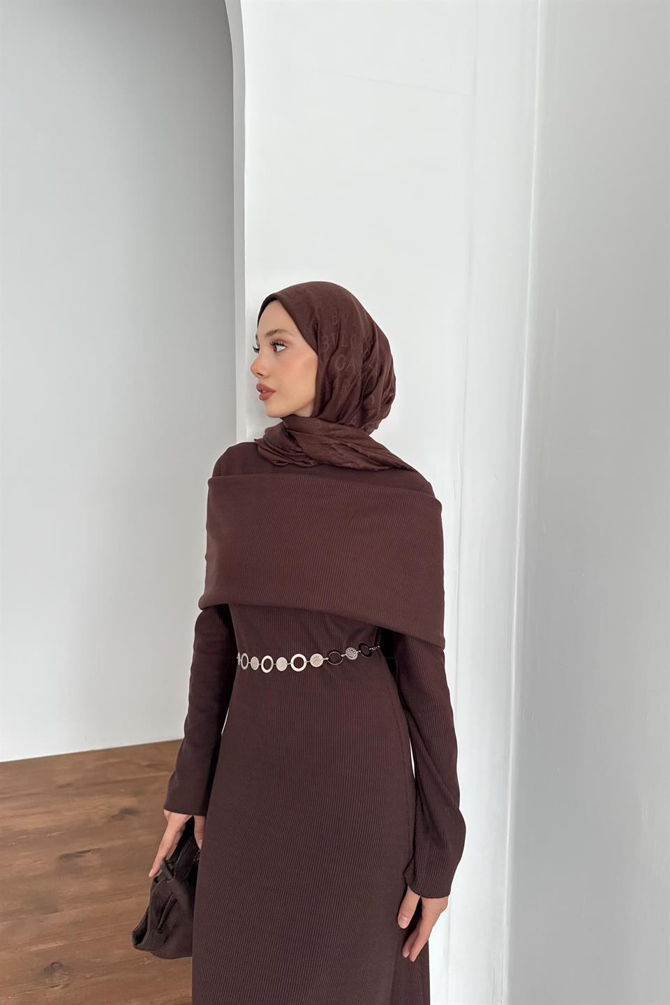 Chain Belted Corduroy Dress - Brown