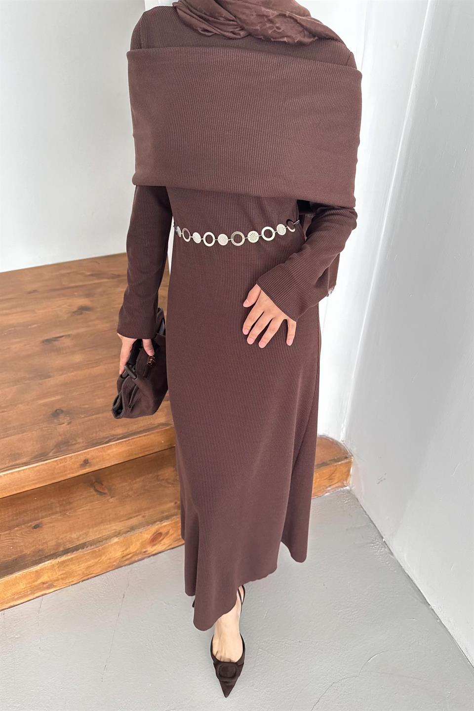 Chain Belted Corduroy Dress - Brown