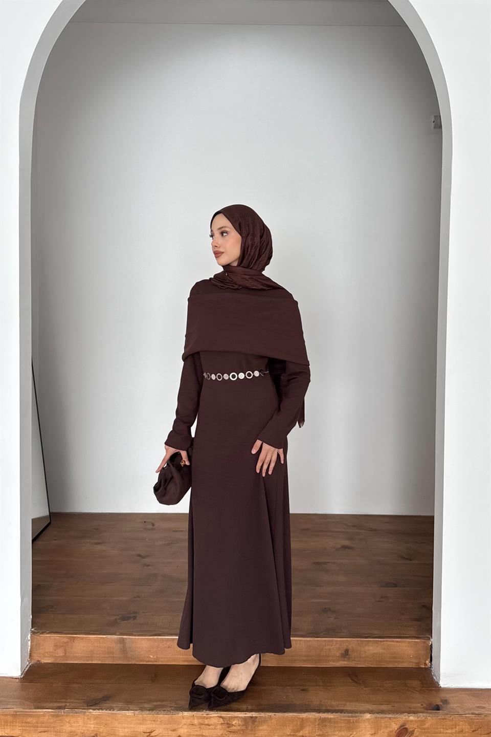 Chain Belted Corduroy Dress - Brown