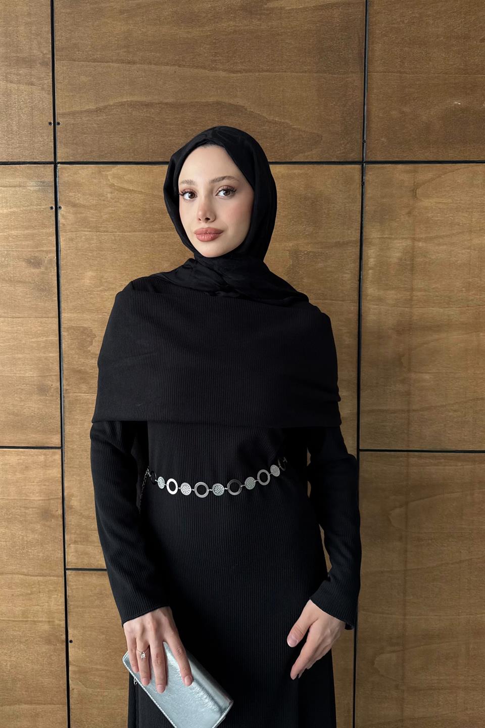 Chain Belted Corduroy Dress - Black 