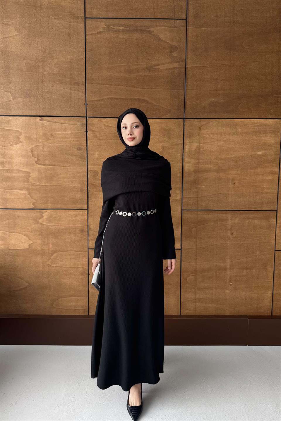 Chain Belted Corduroy Dress - Black 