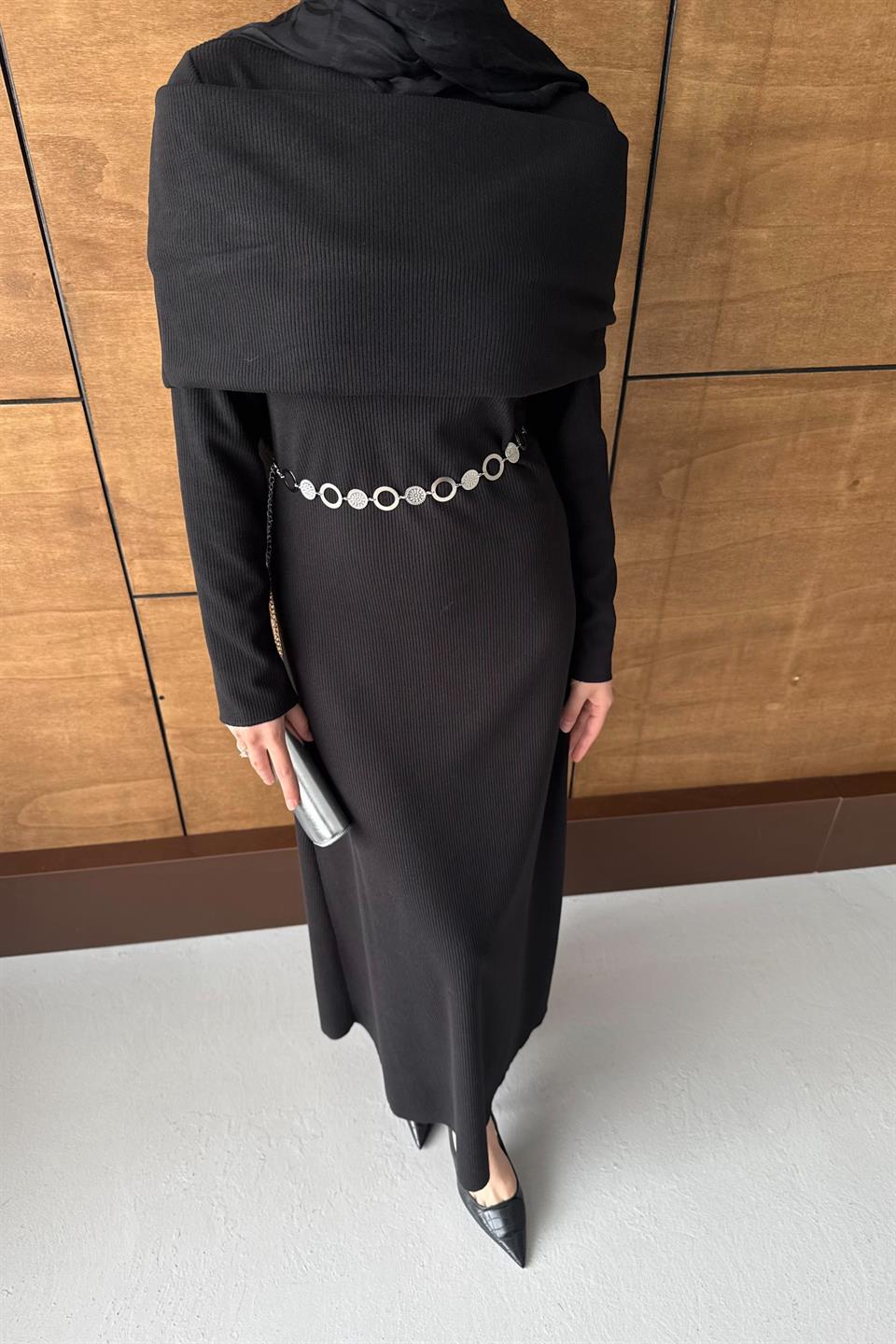 Chain Belted Corduroy Dress - Black 