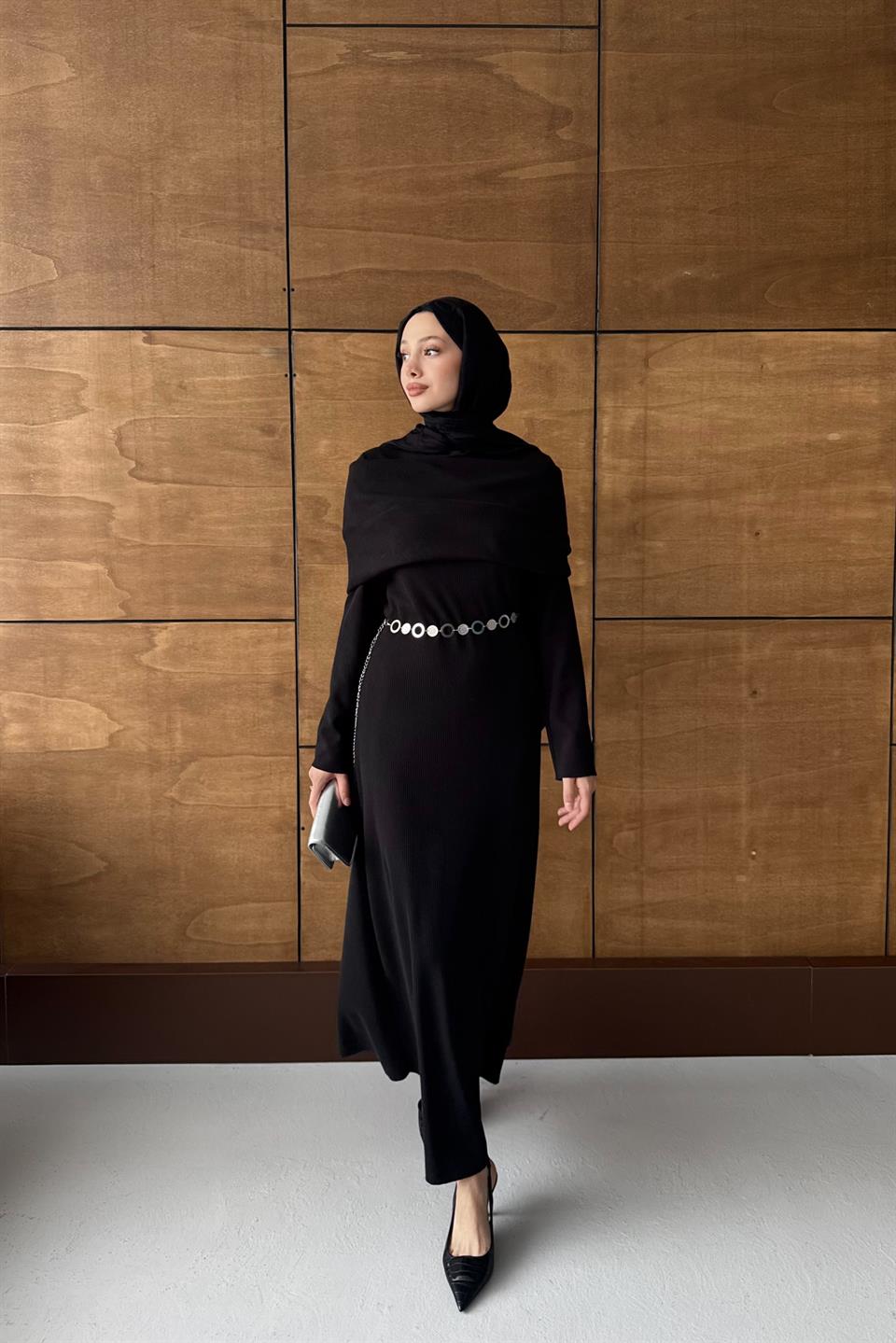 Chain Belted Corduroy Dress - Black 