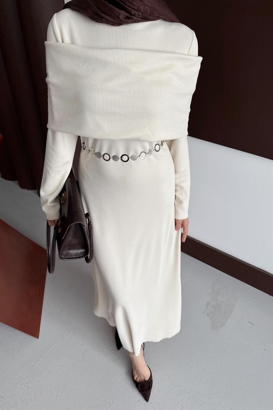 Chain Belted Corduroy Dress - Stone