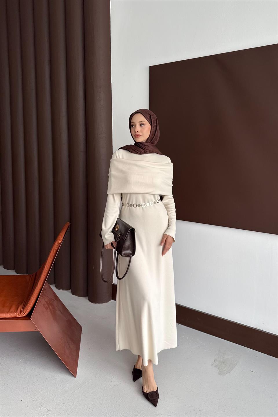 Chain Belted Corduroy Dress - Stone