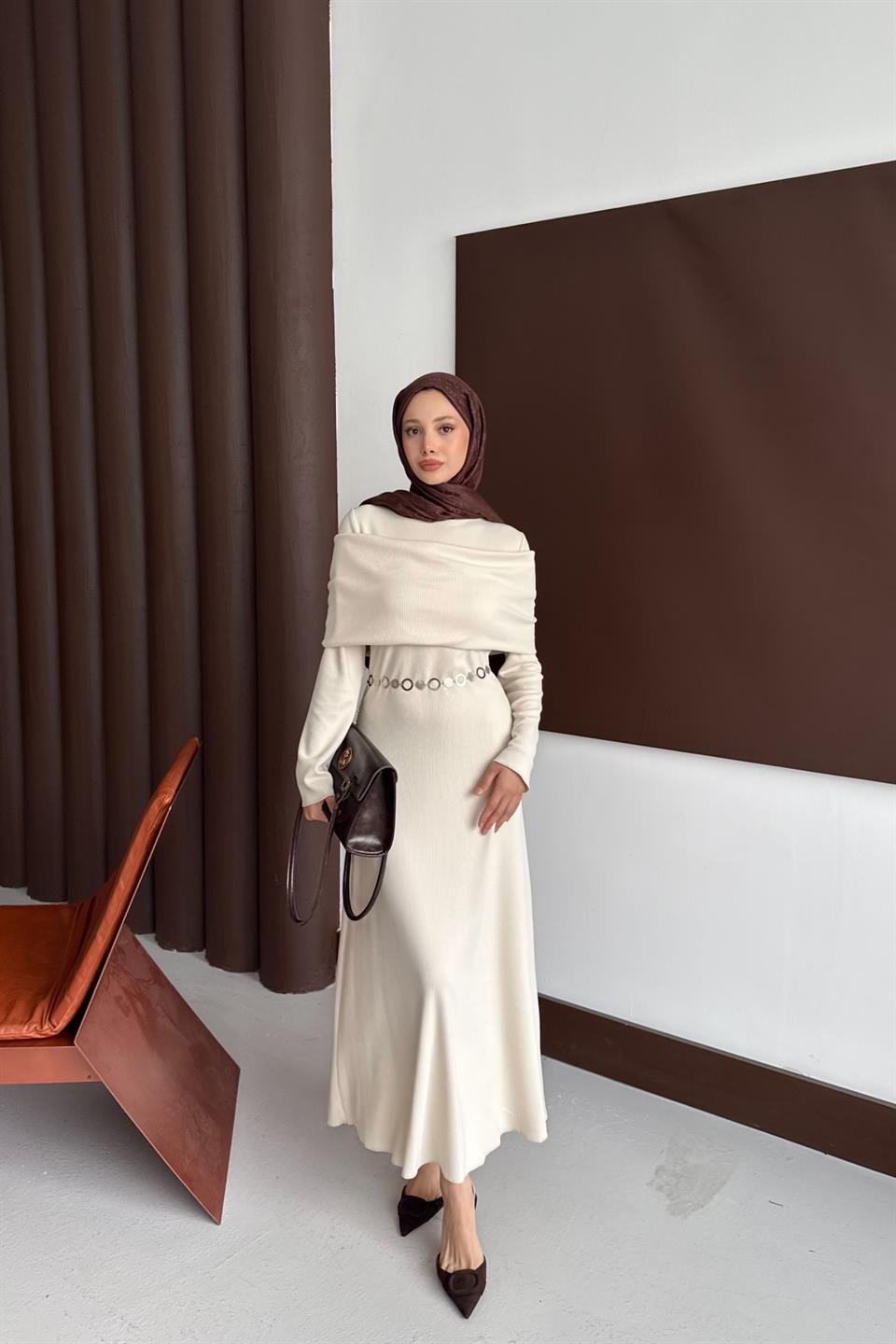 Chain Belted Corduroy Dress - Stone