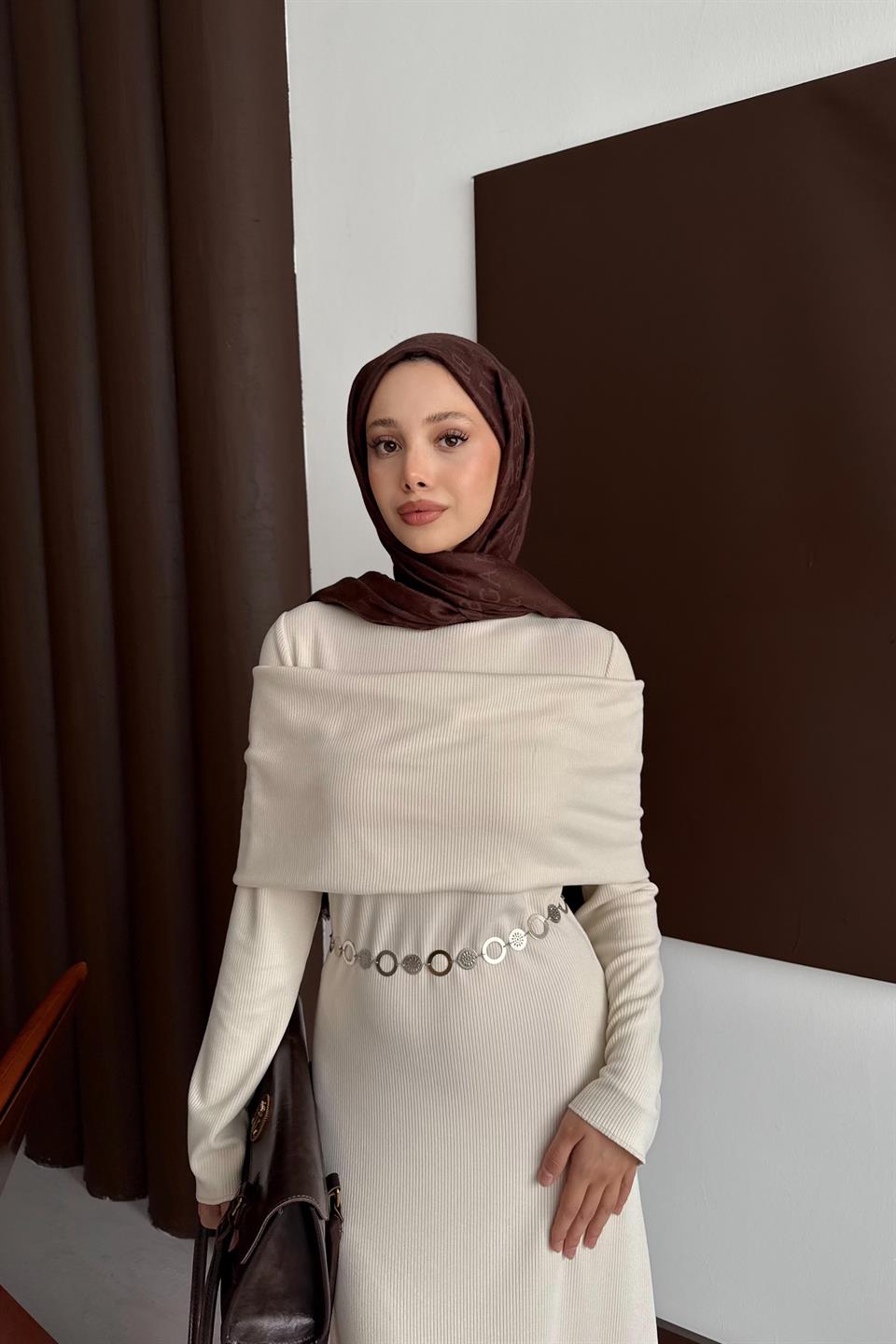 Chain Belted Corduroy Dress - Stone