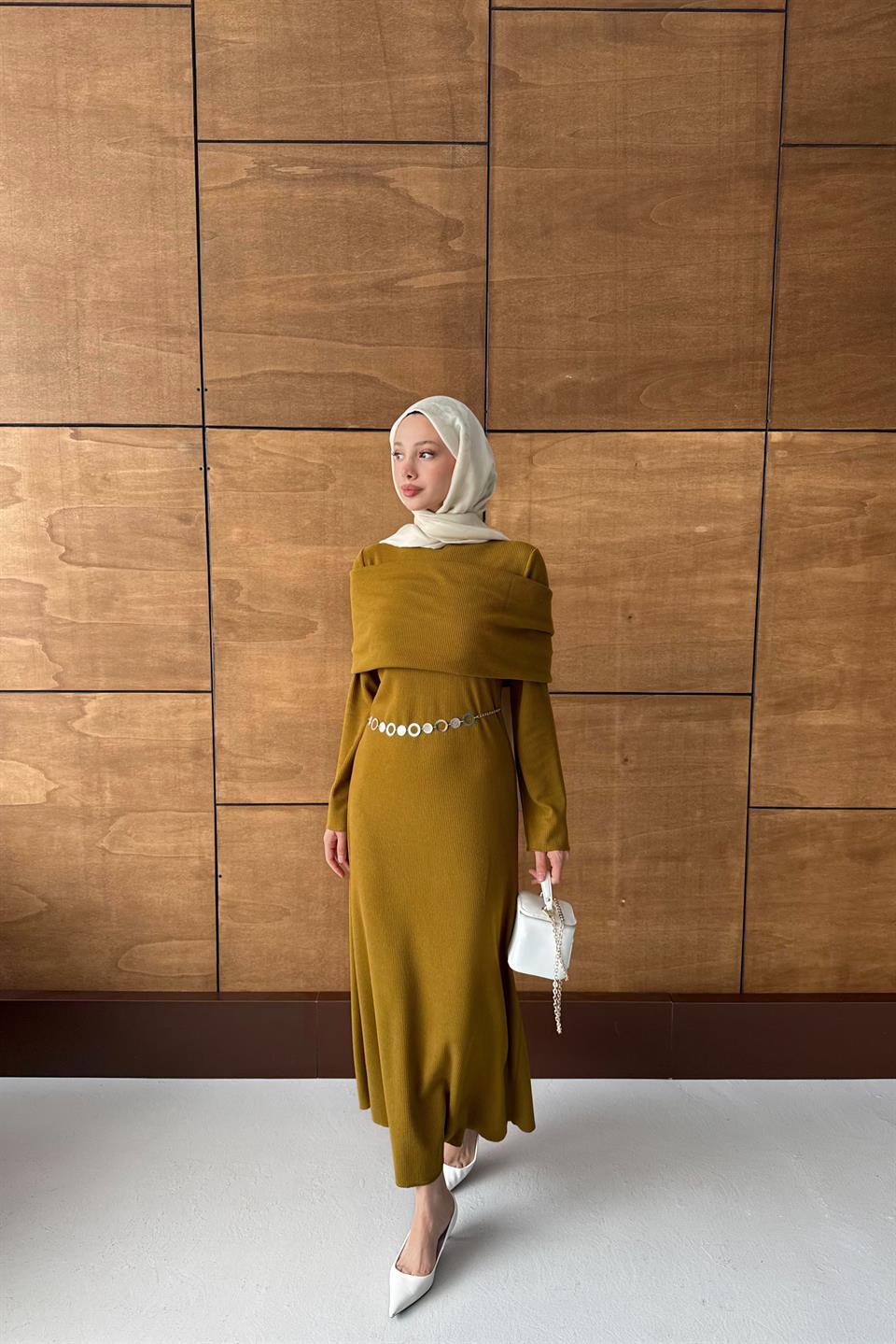 Chain Belted Corduroy Dress - Oil Green