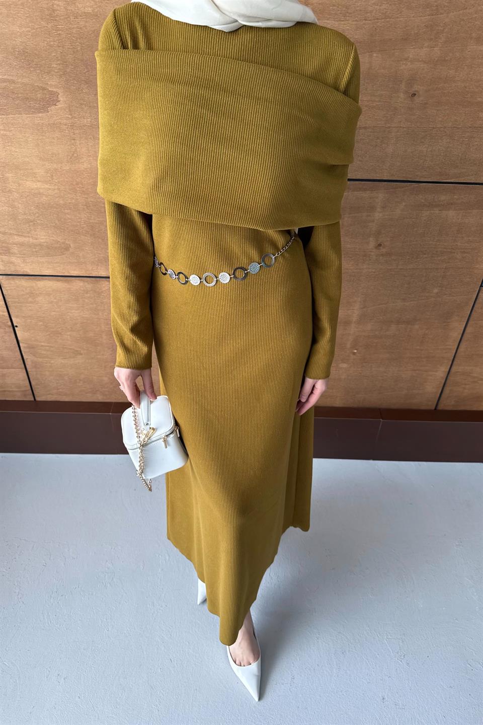 Chain Belted Corduroy Dress - Oil Green