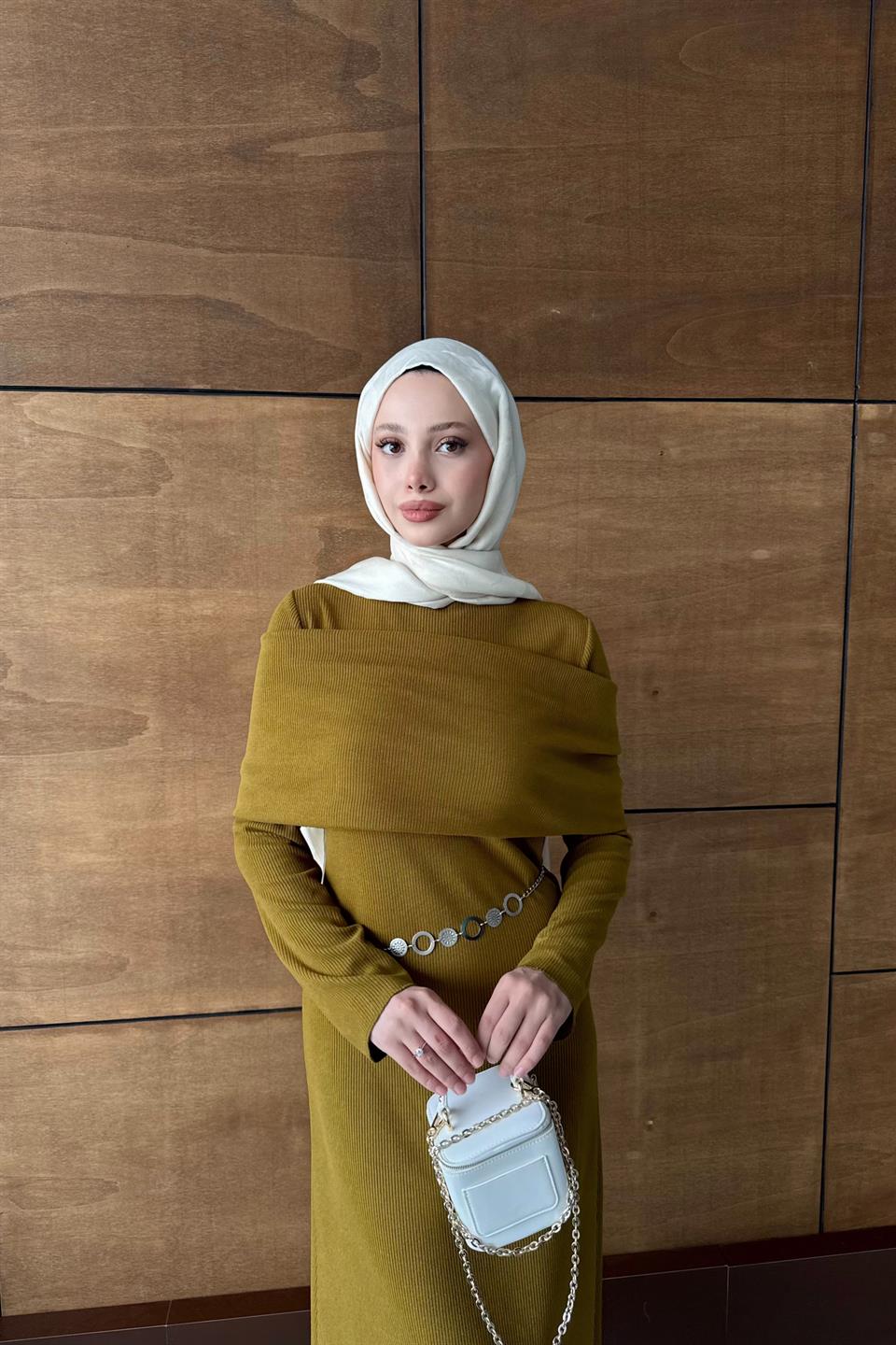 Chain Belted Corduroy Dress - Oil Green