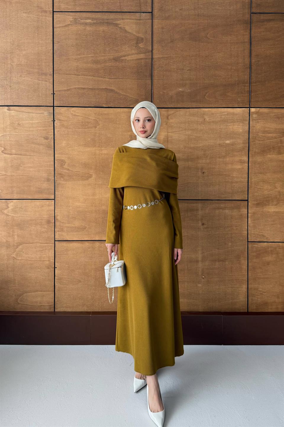 Chain Belted Corduroy Dress - Oil Green