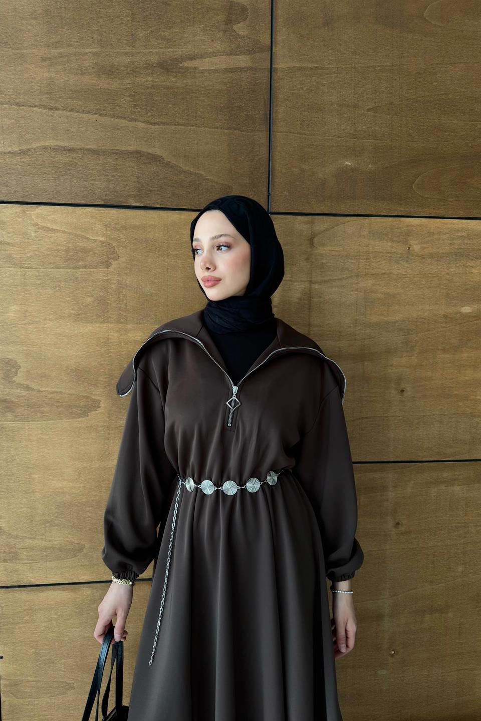 Chain Belt Scuba Dress - Brown 