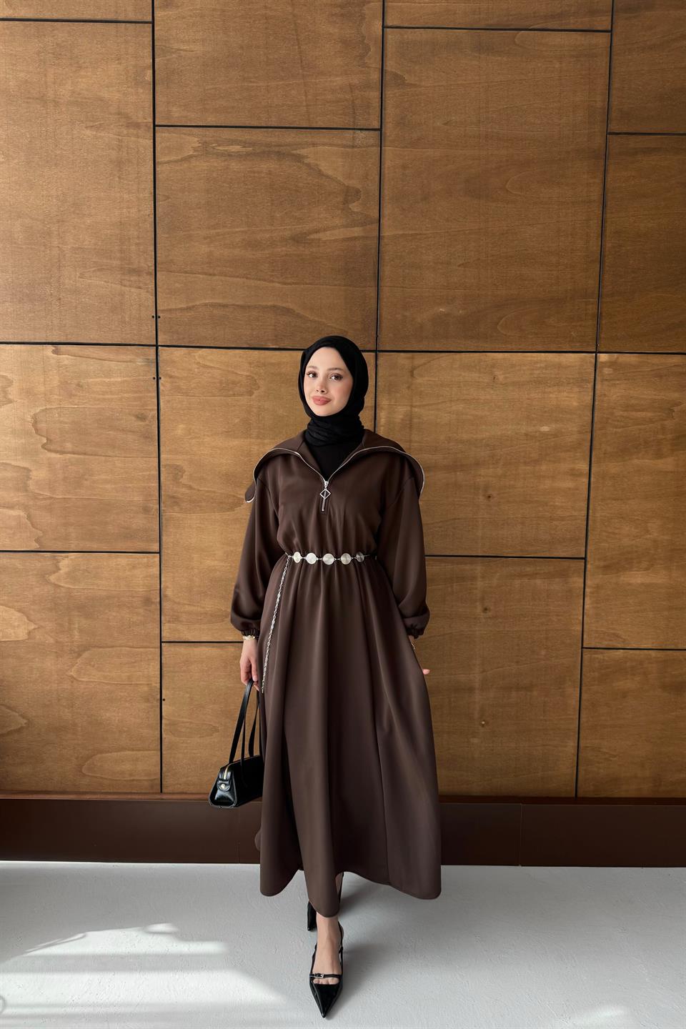 Chain Belt Scuba Dress - Brown 