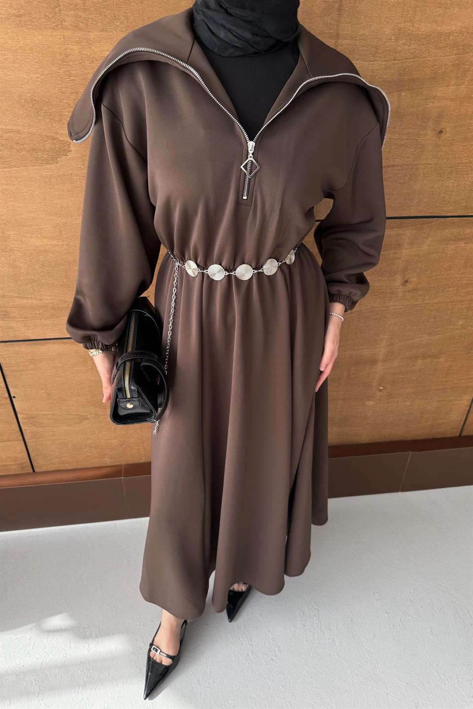 Chain Belt Scuba Dress - Brown 