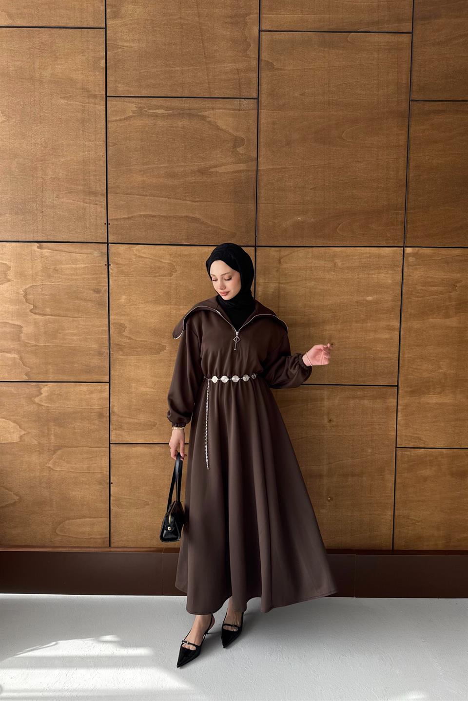 Chain Belt Scuba Dress - Brown 