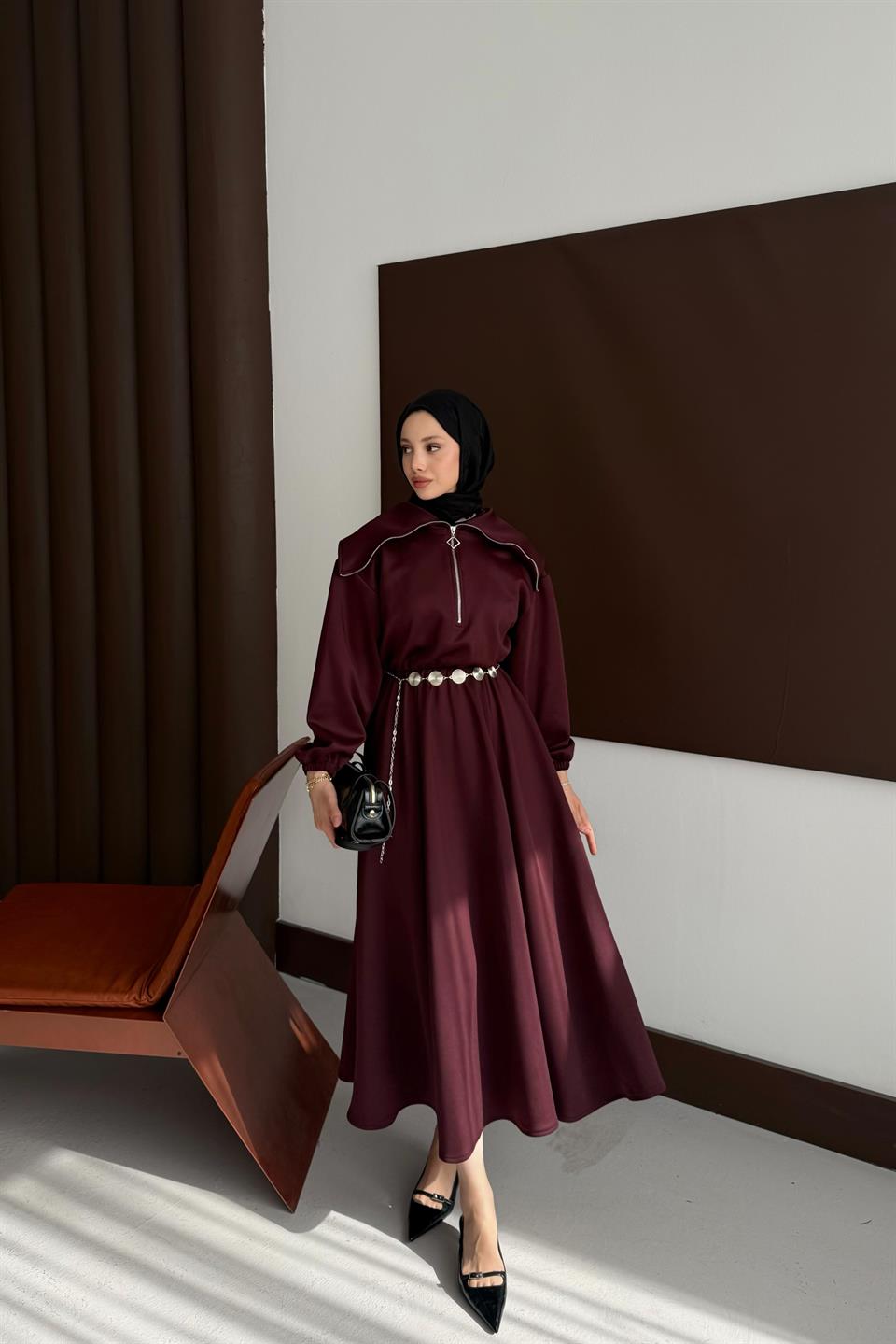 Chain Belt Scuba Dress - Burgundy