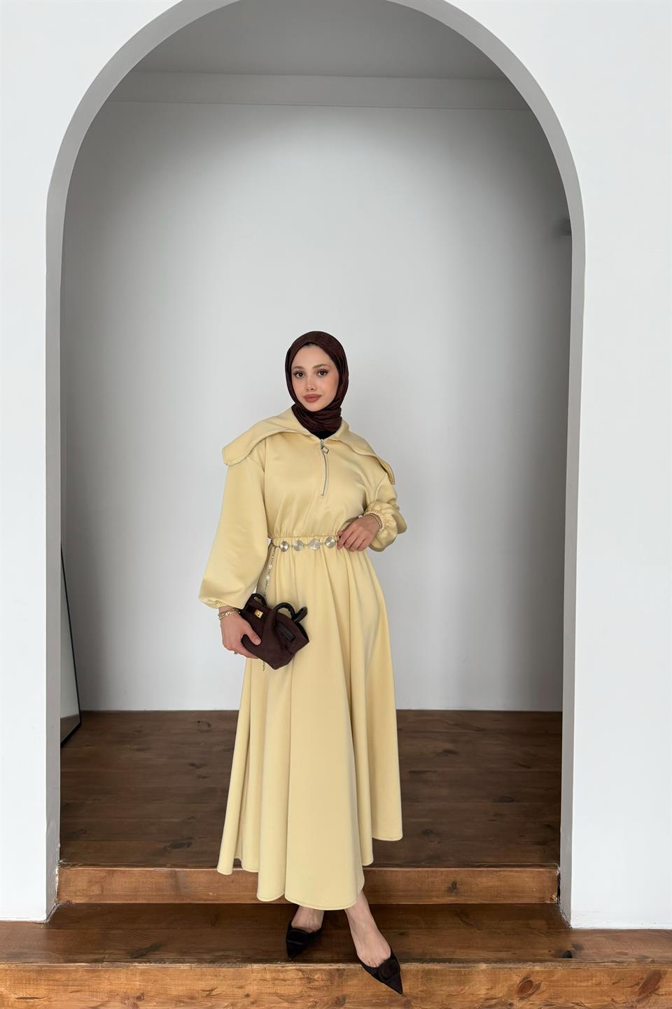 Chain Belt Scuba Dress - Yellow