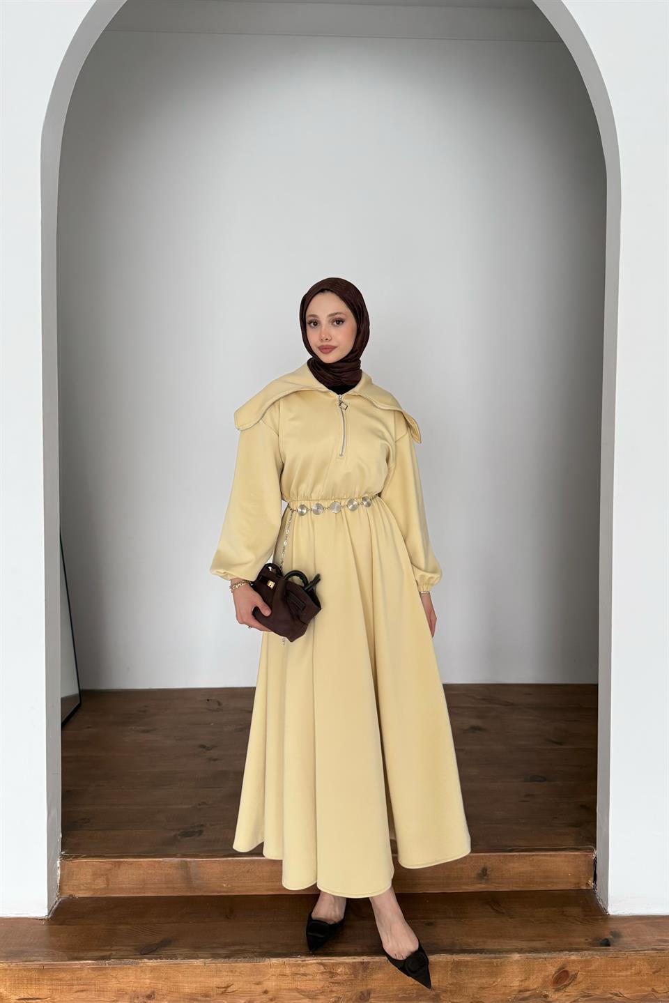 Chain Belt Scuba Dress - Yellow