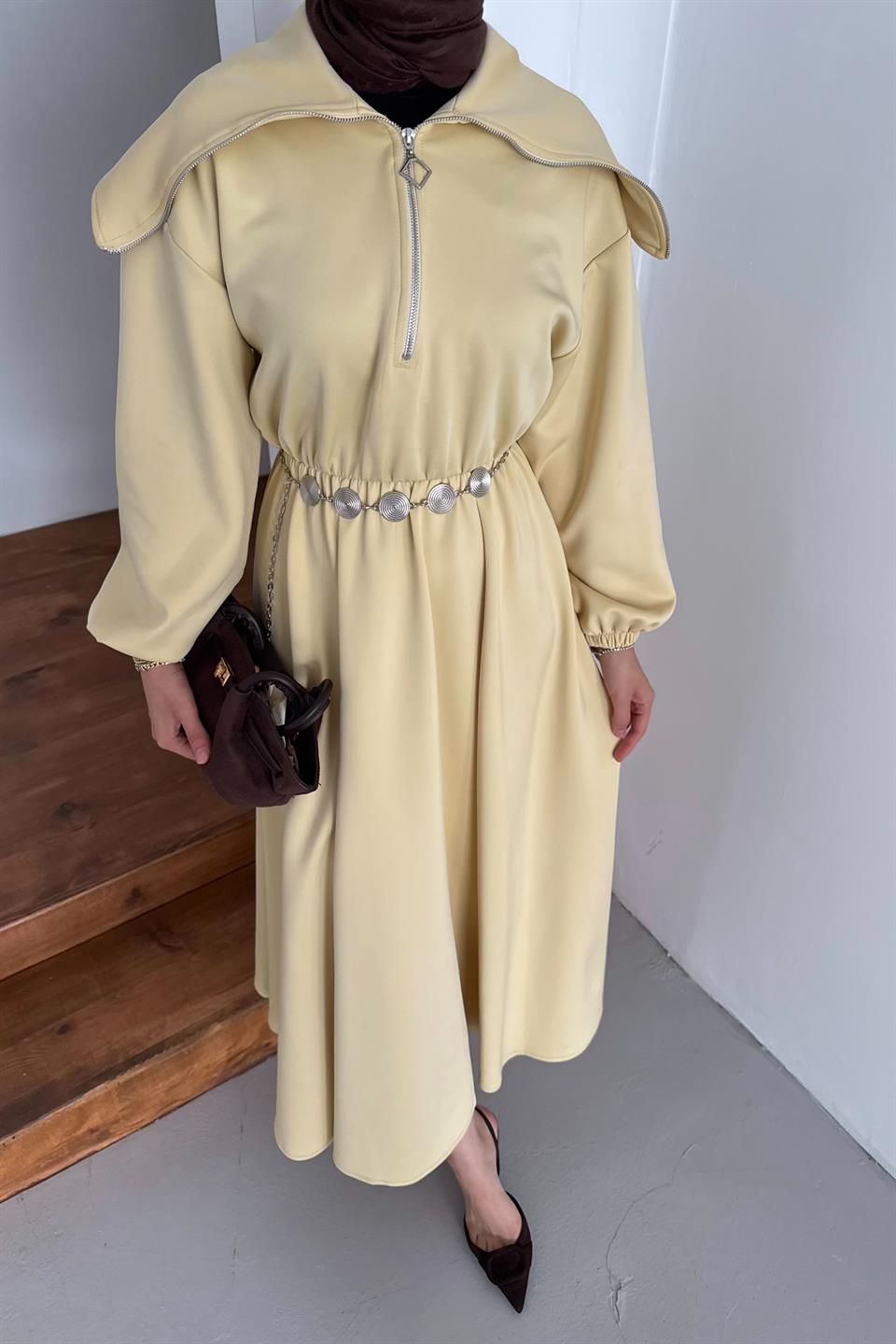 Chain Belt Scuba Dress - Yellow