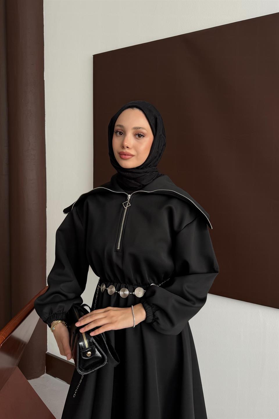 Chain Belt Scuba Dress - Black 