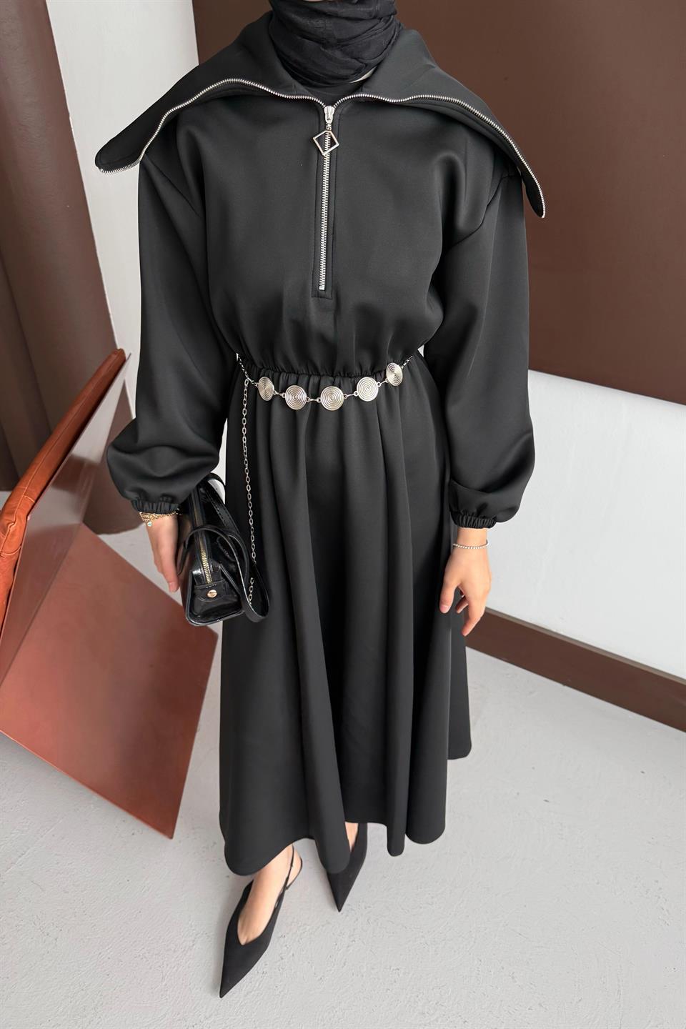 Chain Belt Scuba Dress - Black 