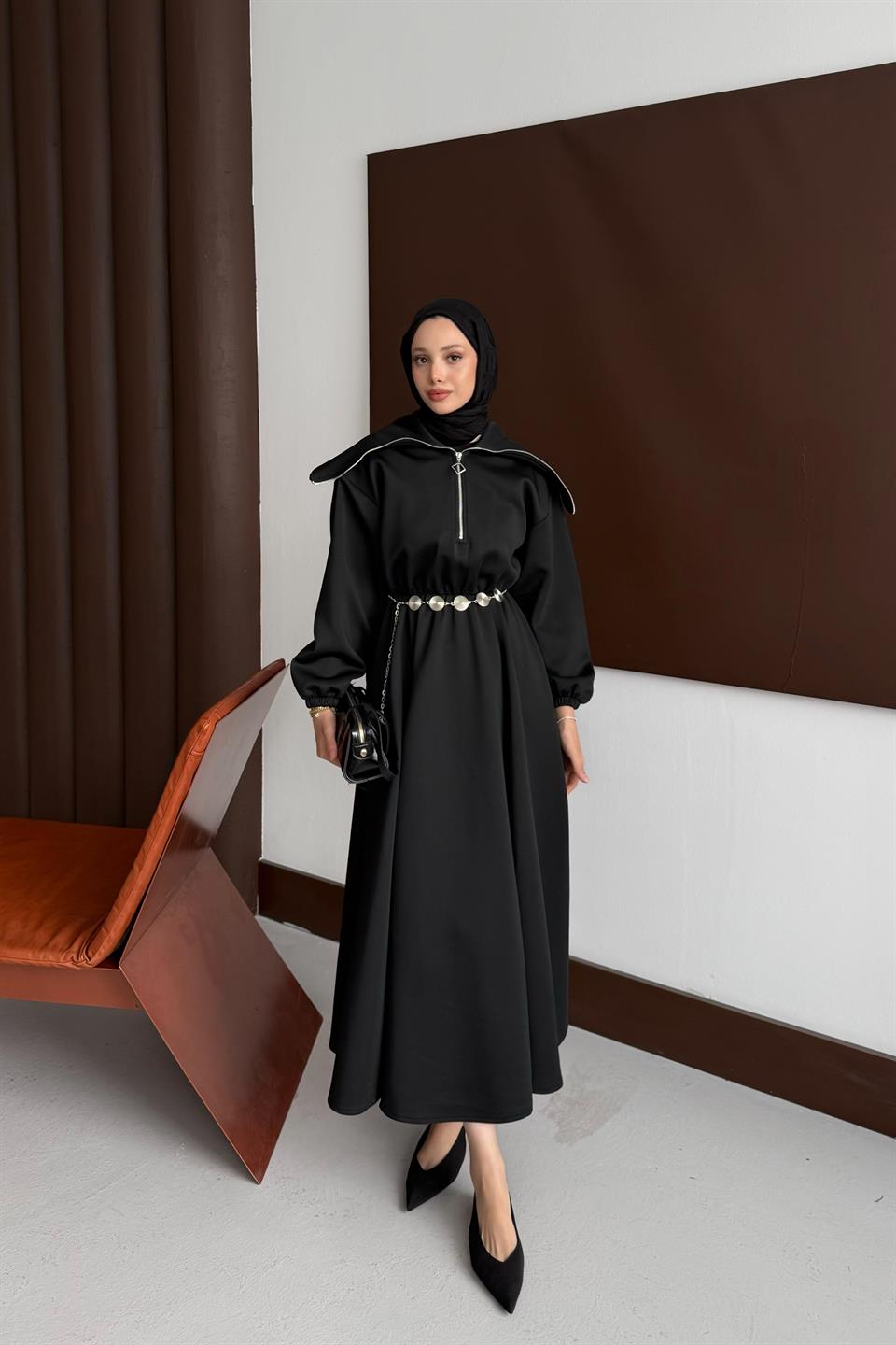 Chain Belt Scuba Dress - Black 