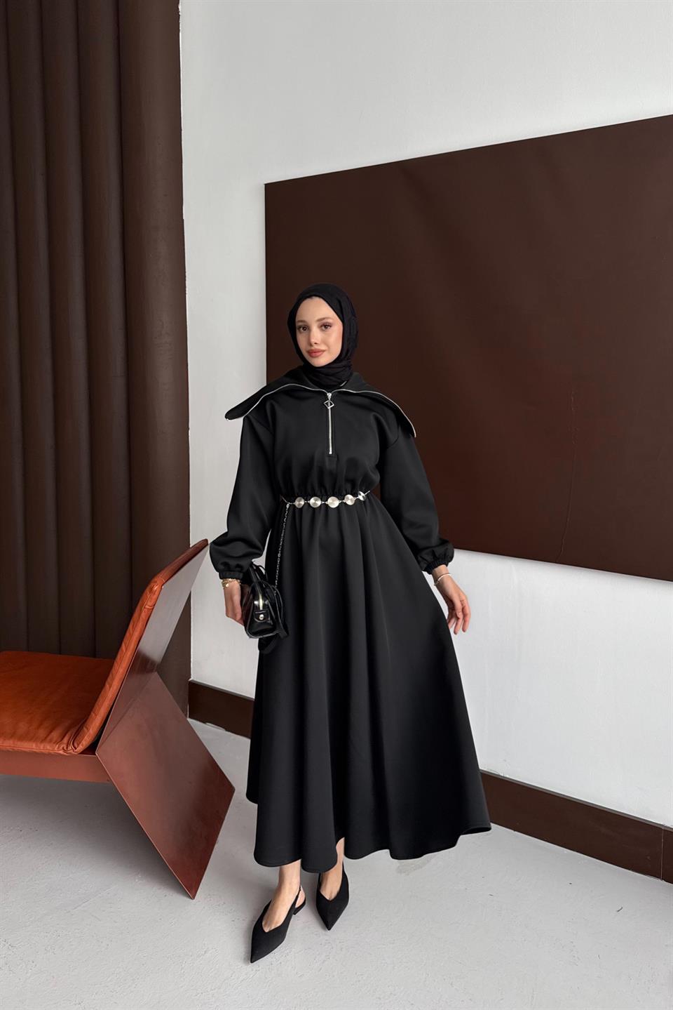 Chain Belt Scuba Dress - Black 