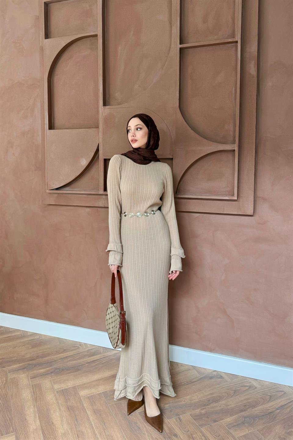 Ruffle Knit Dress - Beige