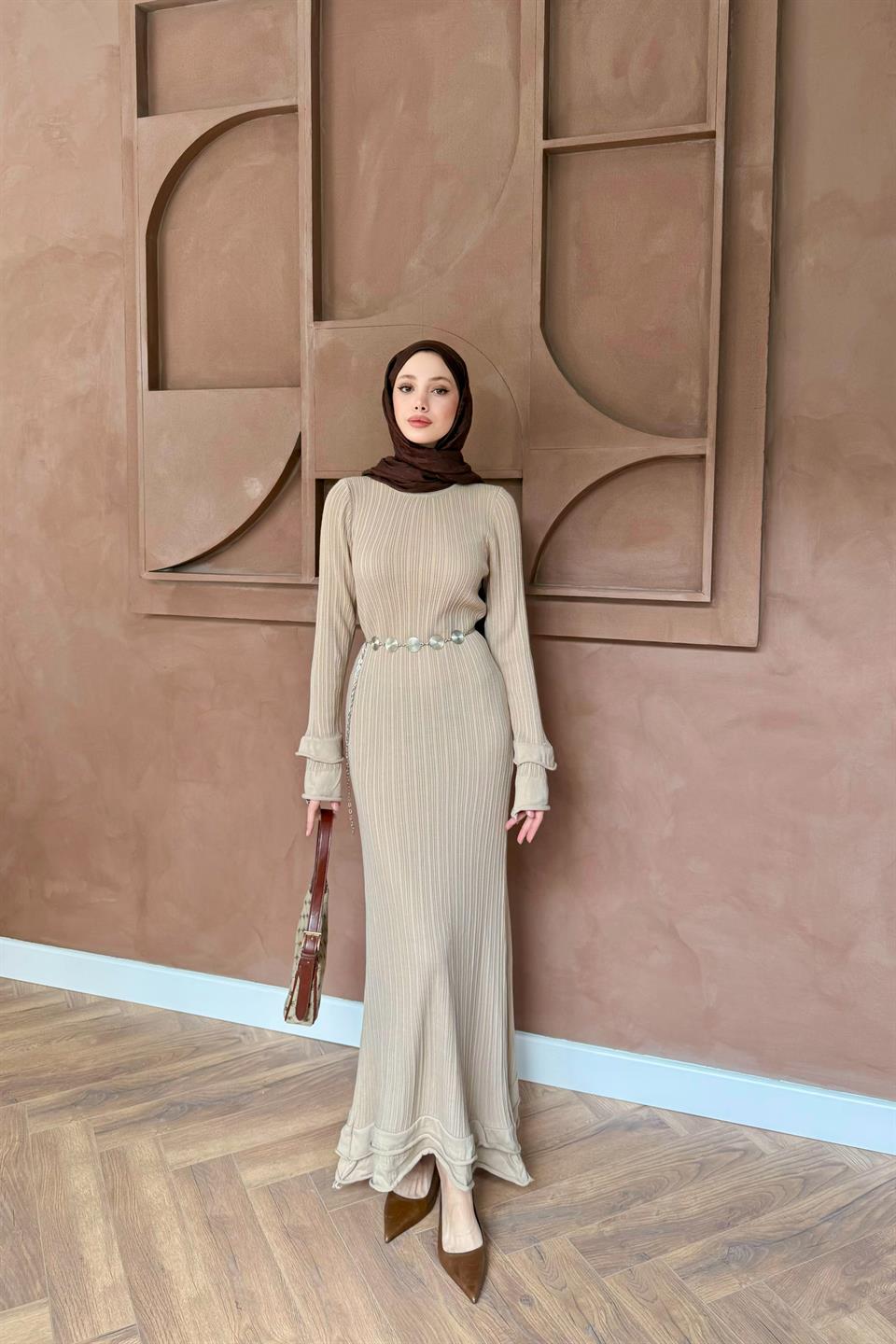 Ruffle Knit Dress - Beige