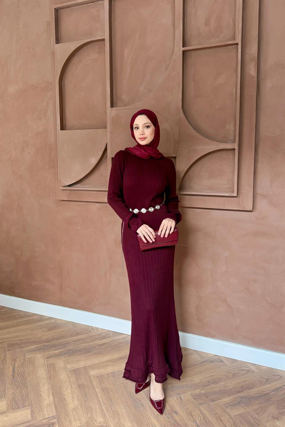 Ruffle Knit Dress - Burgundy 