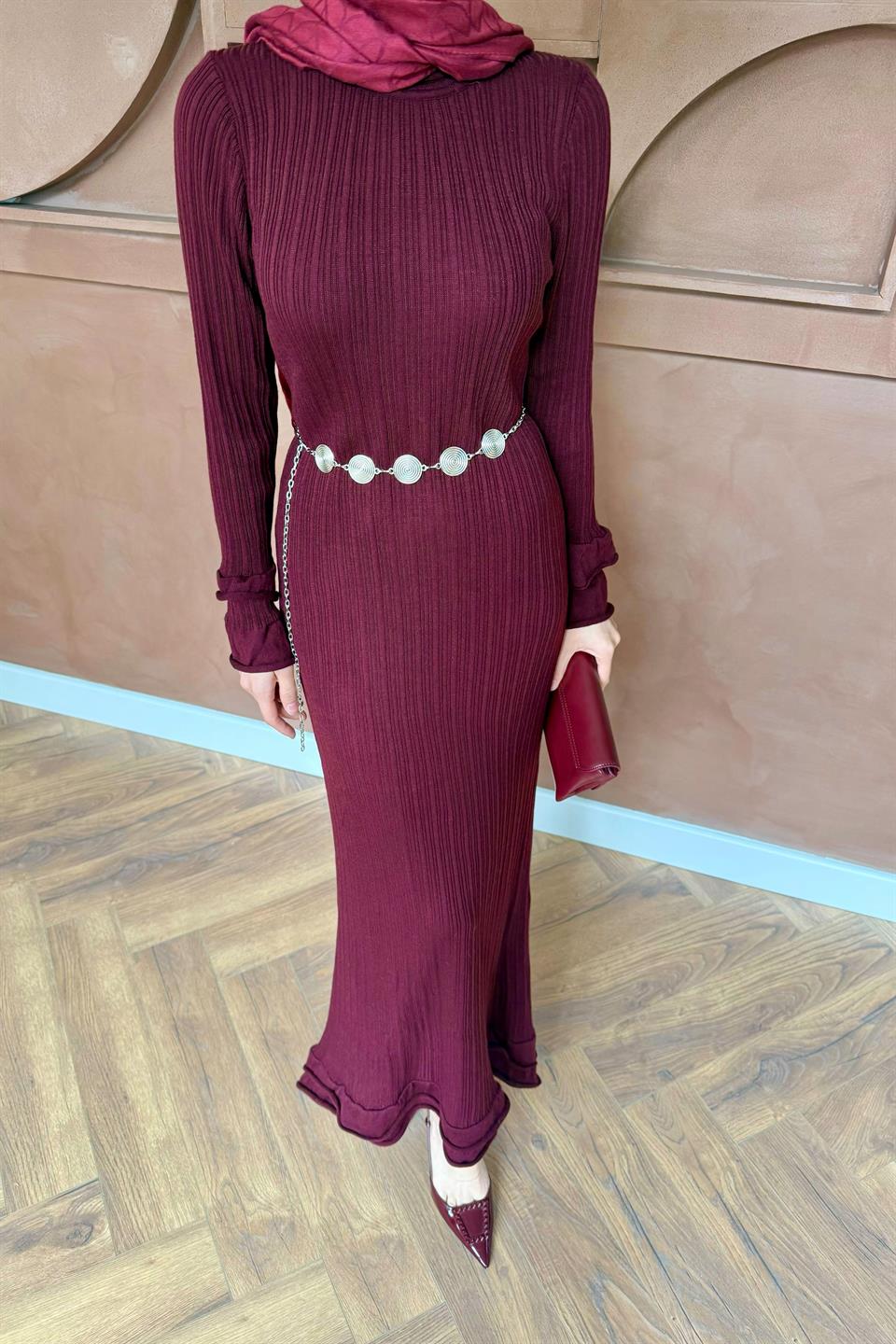 Ruffle Knit Dress - Burgundy 