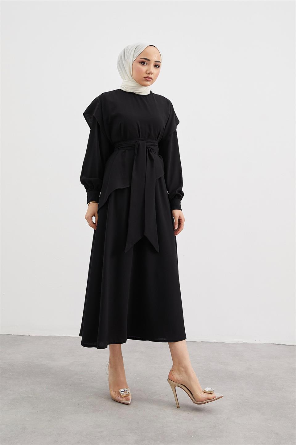 PELERİNLİ ETEKLİ TAKIM SİYAH