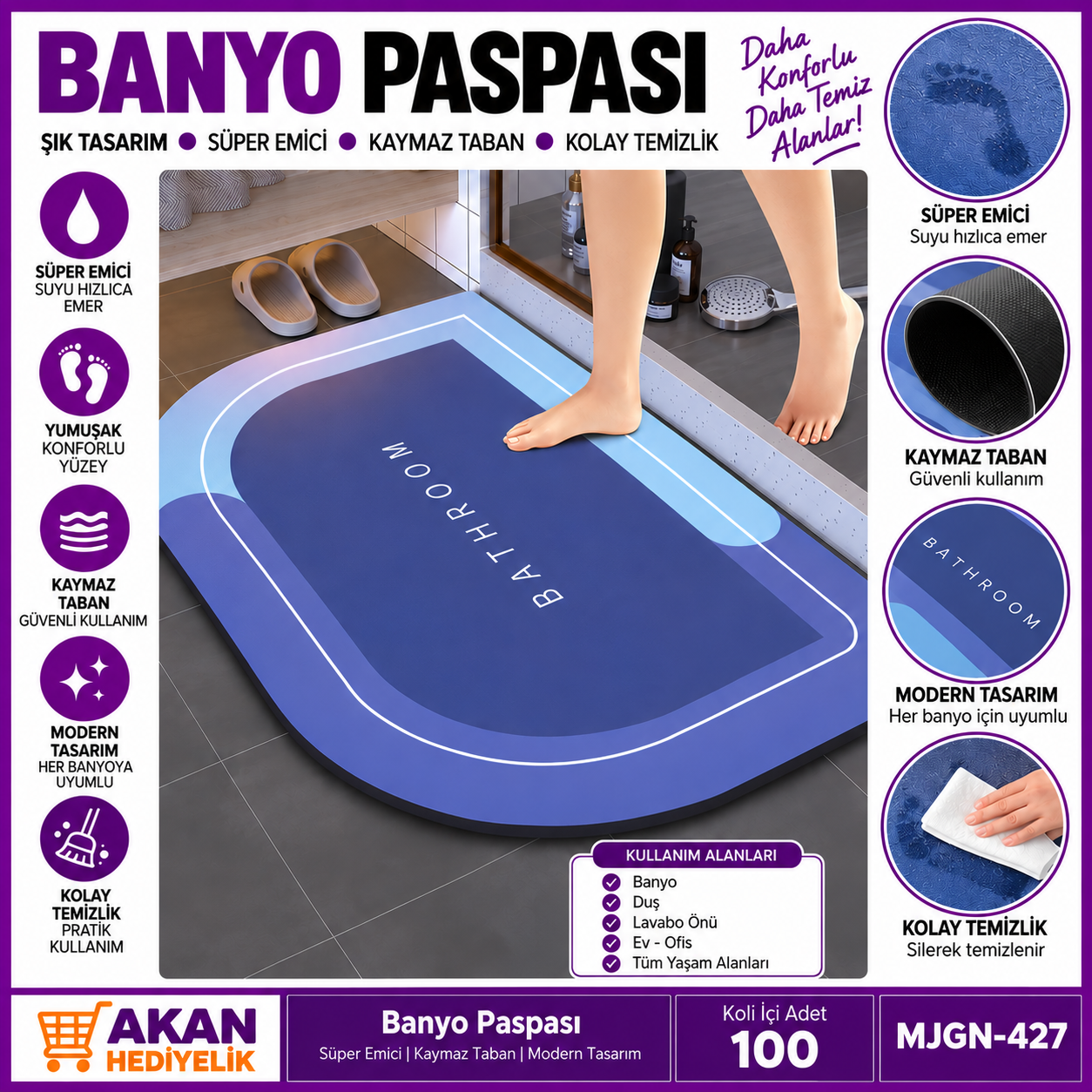  Süper Emici Kaymaz Tabanlı Banyo Paspası