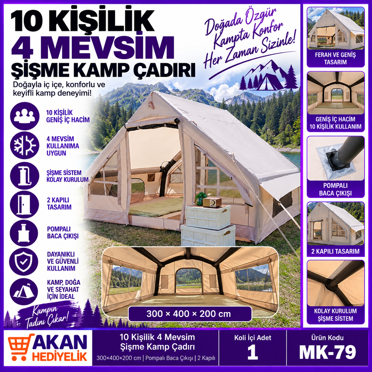 10 Kişilik 4 Mevsim Şişme Kamp Çadırı – Geniş Aile Çadırı