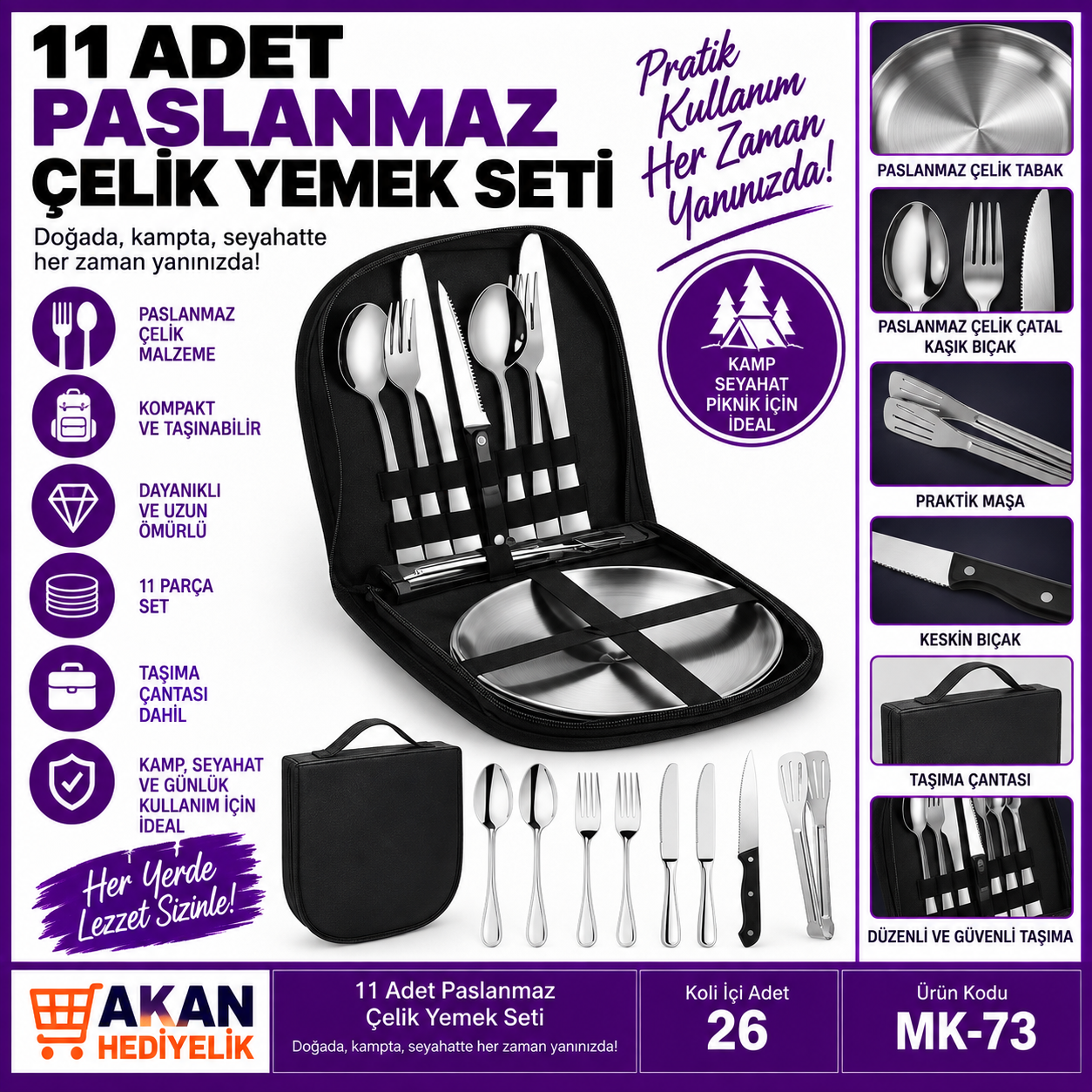 11 Parça Paslanmaz Çelik Kamp Yemek Seti