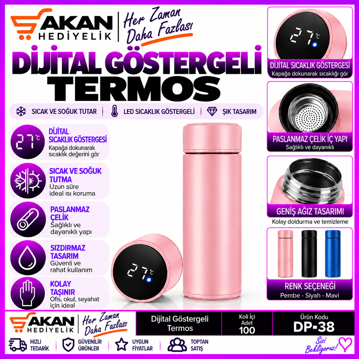 dijital göstergeli termos pembe 