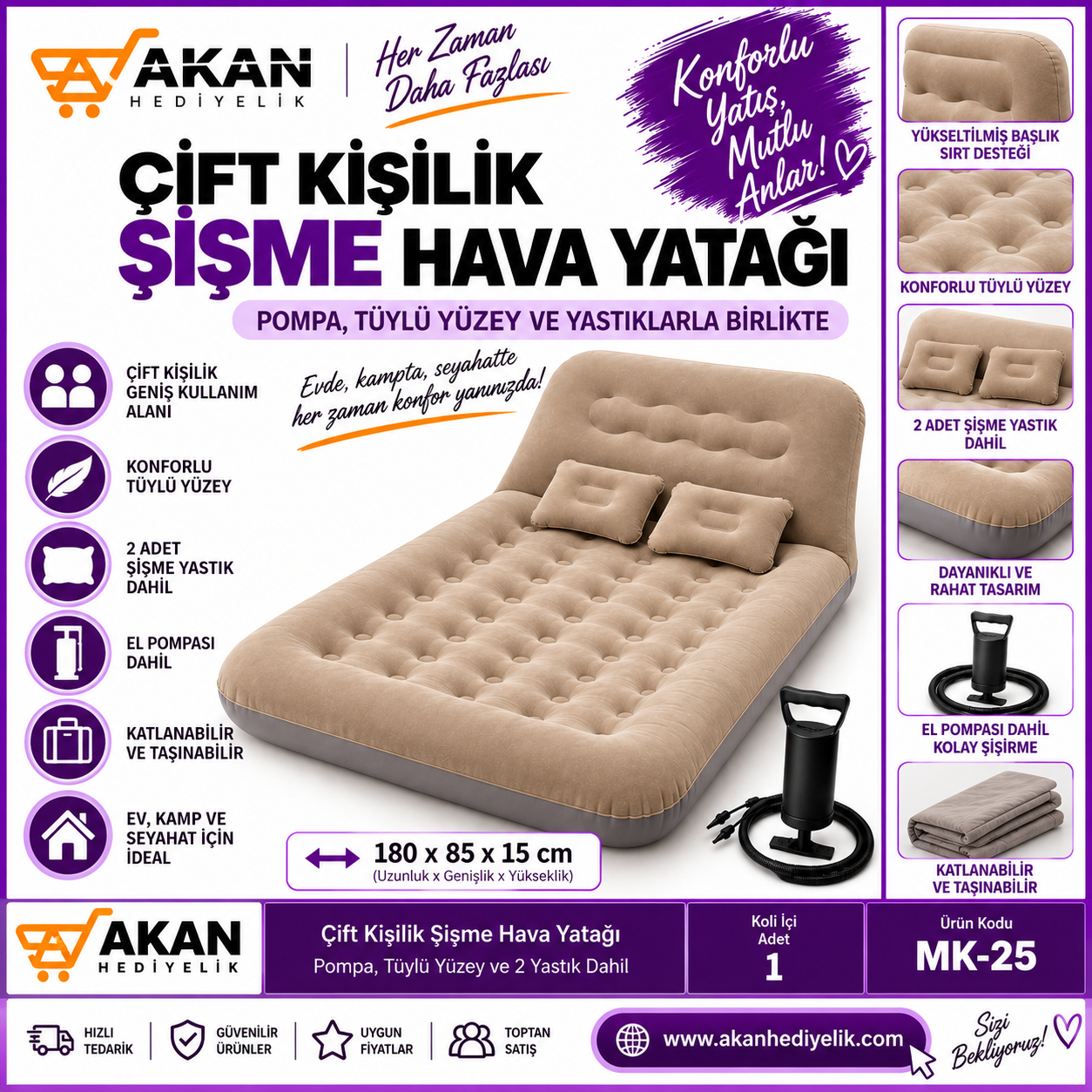 Konforlu Kamp Yatağı Çift Kişilik Şişme Hava Yatağı