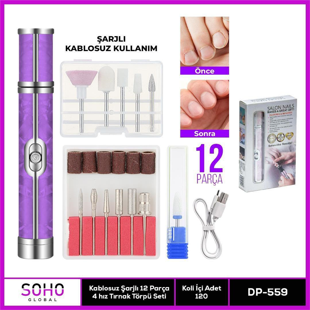 ŞARJLI 12 BAŞLIKLI MANİKÜR SETİ