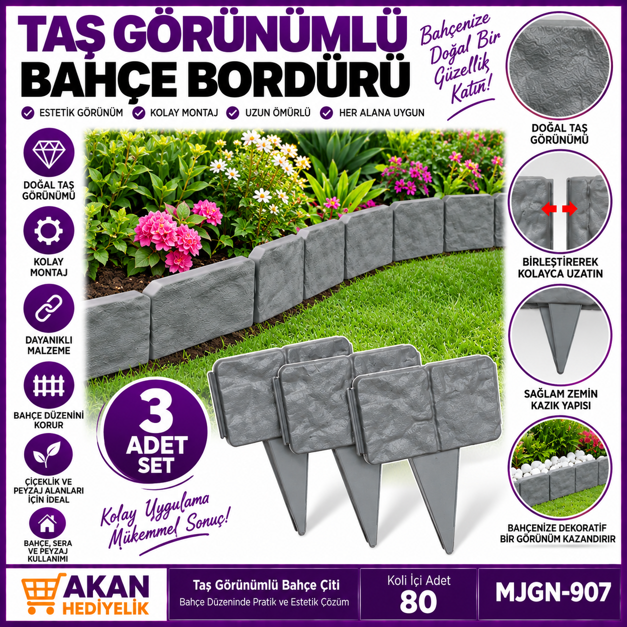 Taş Görünümlü Bahçe Çiti 3'lü Set
