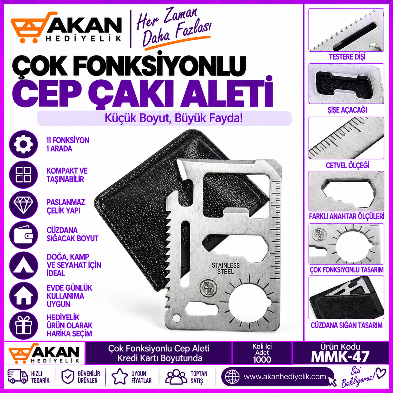 11 Fonksiyonlu Paslanmaz Çelik Çok Amaçlı Cep Aleti