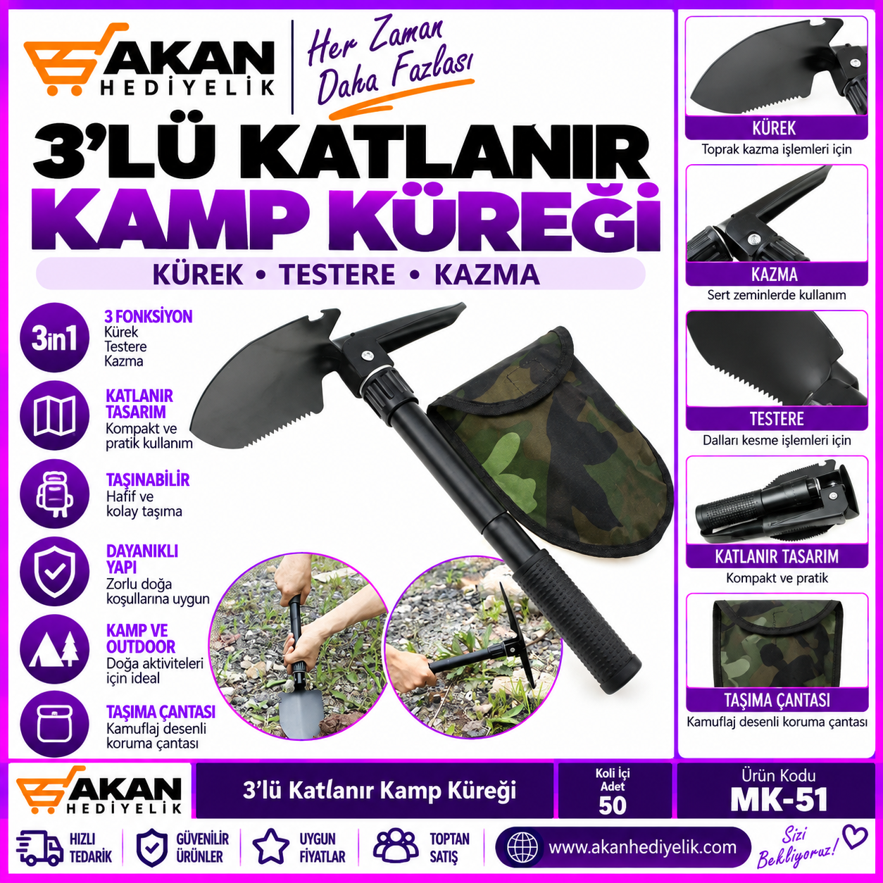 3'lü portatif kamp küreği