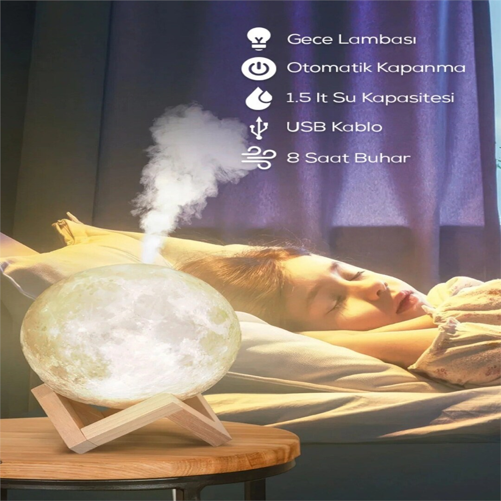 Buharlı Standlı 3d Ay Gece Lambası Dekoratif Küre Led
