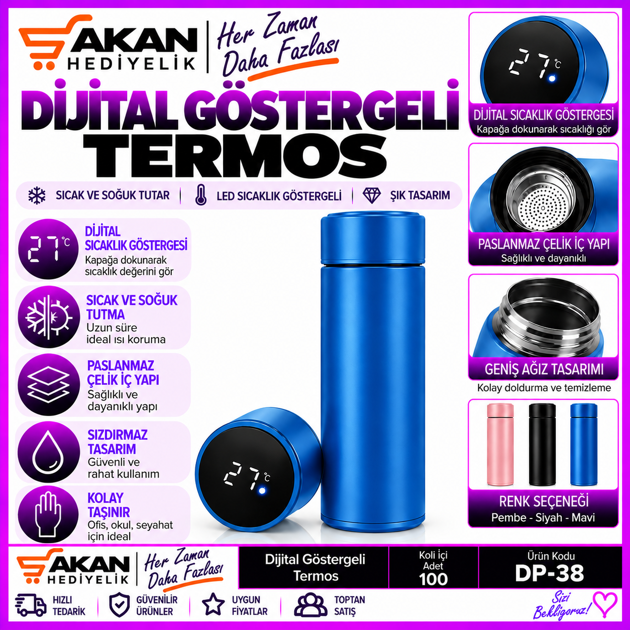 HARF TASARIMLI VE DİJİTAL SICAKLIK GÖSTERGELİ ÇELİK TERMOS MAVİ