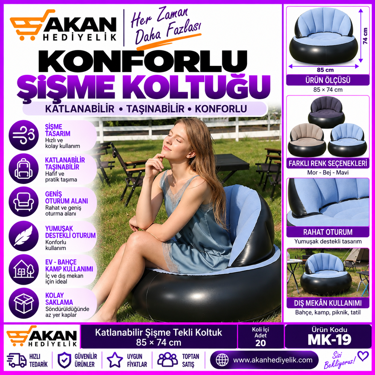 Katlanabilir Şişme Tekli koltuk 85*74