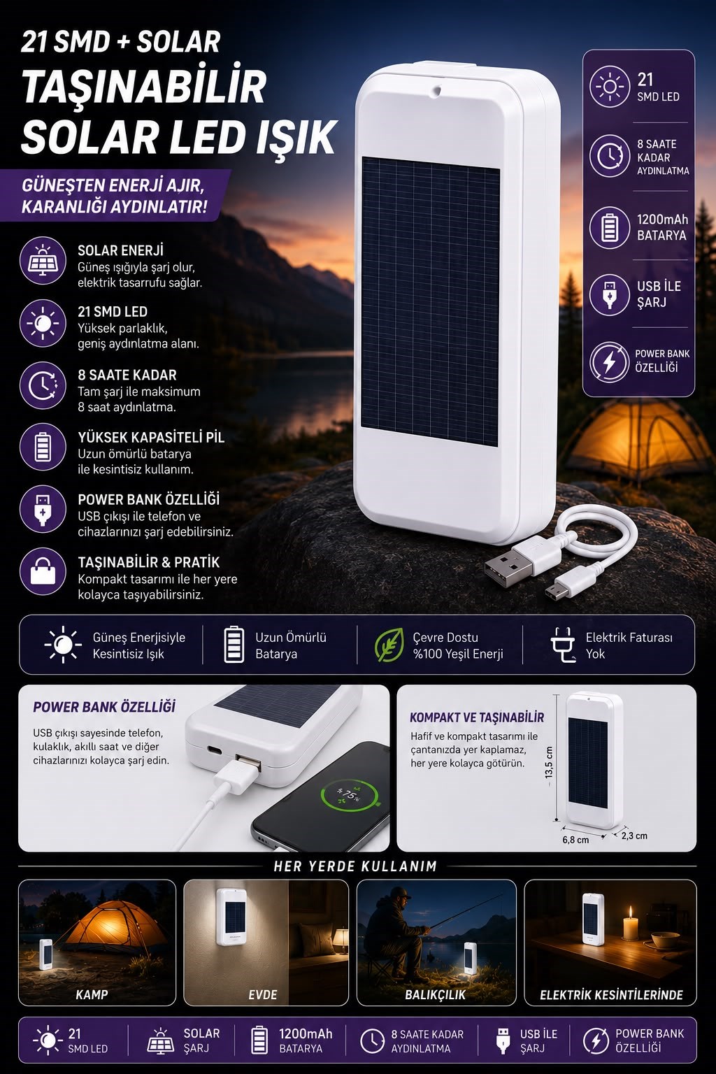 taşınabilir solar led power bank 