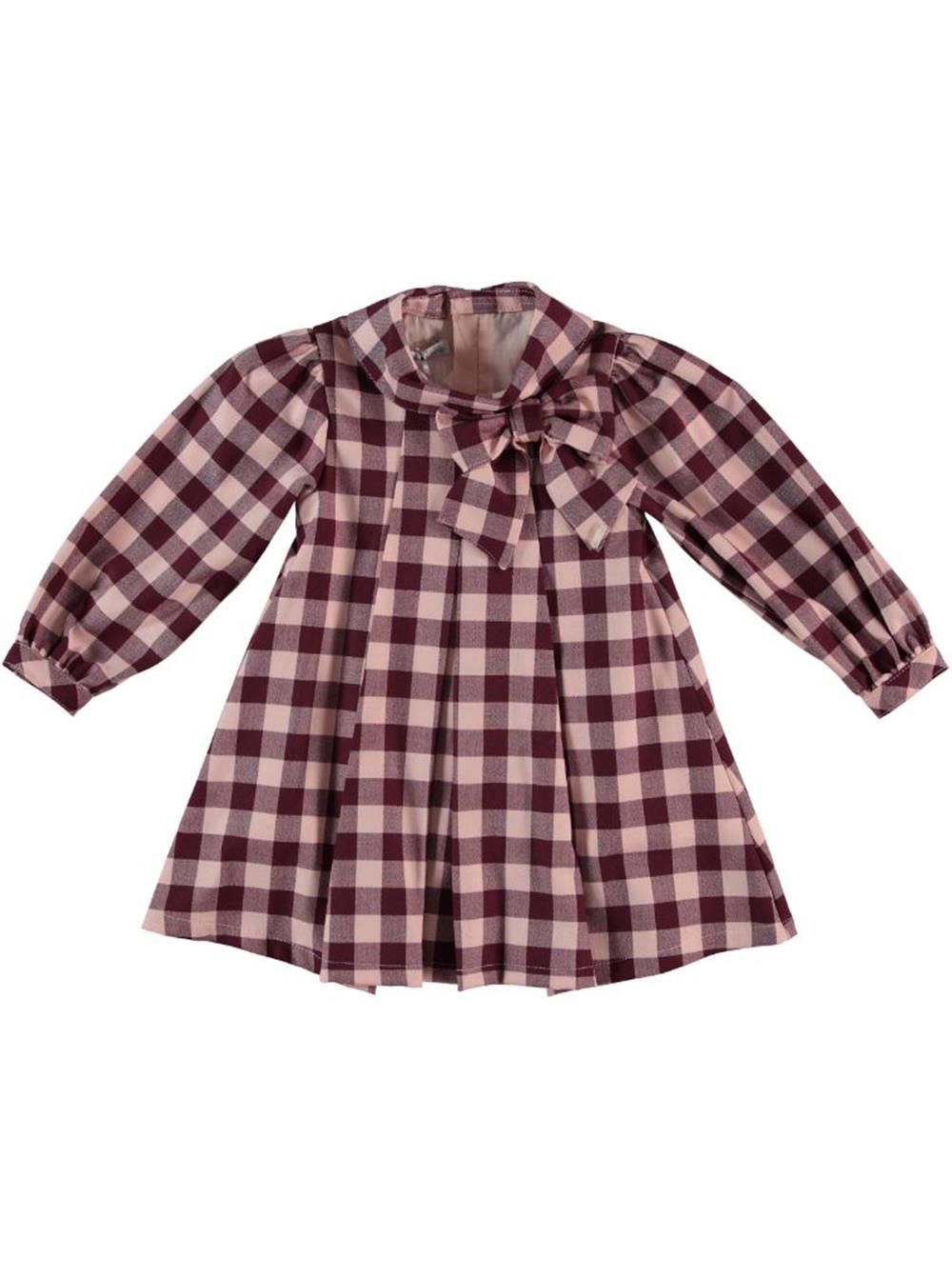 Kare Desenli Kurdelalı Bordo Elbise