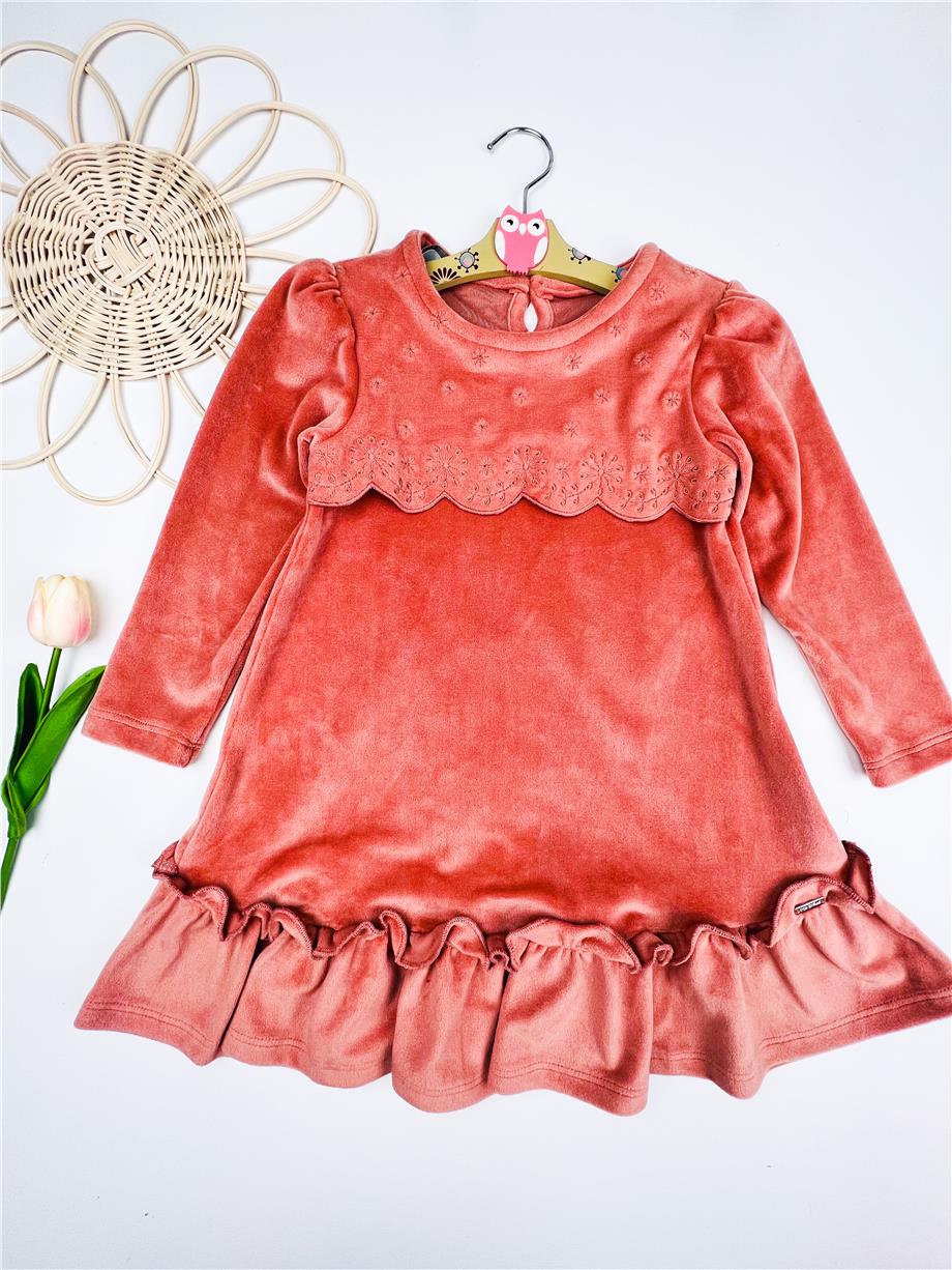 Çiçek Yaka Kadife Pudra İkili Takım