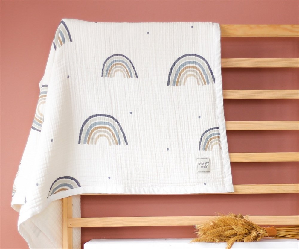 Rainbow Blue Organik 4 Katlı Müslin Battaniye