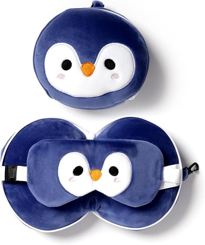 Relaxeazzz Penguin Round Plush Travel Pillow & Eye Mask