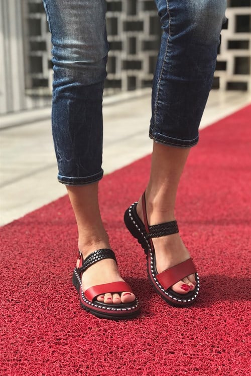 Siyah Kırmızı Deri Sandalet - ESPERANZA